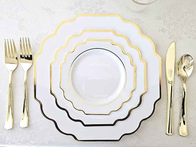 " OCCASIONS " 960 Piece set (120 Guests)-Heavyweight Wedding Party Disposable Plastic Plate Set - 120 x 10.5'' + 120 x 8'' + Silverware + Cups + Napkins (Imperial White & Gold)