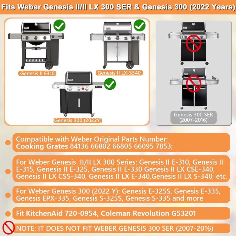 66095 Genesis II GS4 Grill Grates for Weber 3 Burner Genesis 2 GS4 Grill Replacement Parts Weber Genesis II/II LX 300 SER II E310 E315 Accessories 66805 66802 Genesis 300 (2022 YRS) Cast Iron 18.8''L