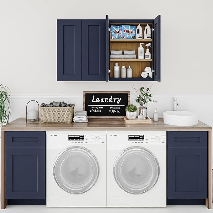 24 Inch Medicine Cabinet Wall Mounted, Solid Wood Over The Toilet Storage Cabinet, Bathroom Organizer Cabinets with 2 Door & Shelves, Easy to Assemble for Laundry Room, Kitchen, Garage - Blue