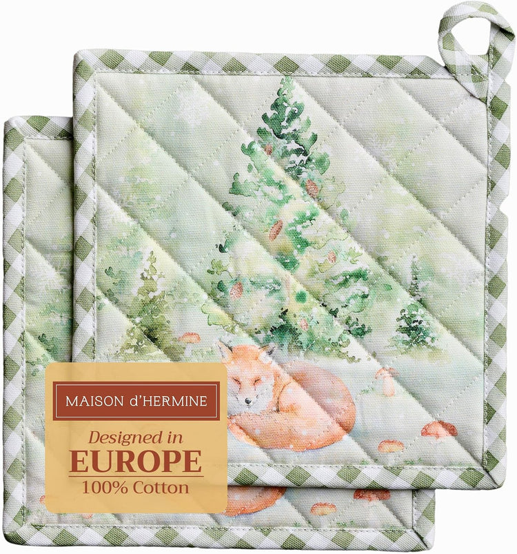 Maison d' Hermine Pot Holders Set 100% Cotton Heat Resistant Potholders 8" x 8" Hot Pads with Loop BBQ, Cooking, Baking, Grilling, Kitchen, Handling Hot Pans (Pack of 2, Winter Mornings)