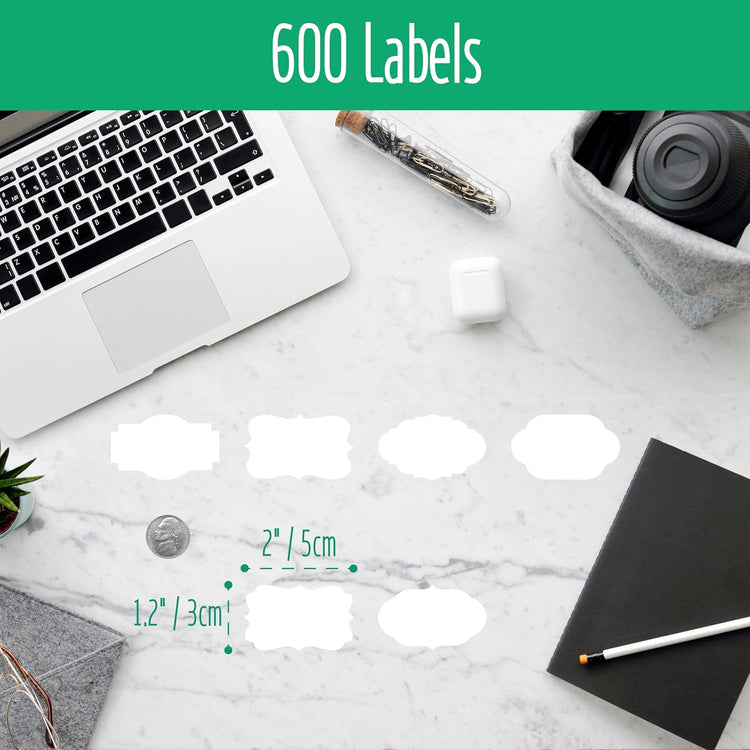600 PCS Kraft Paper Stickers, 6 Fancy Shapes Labels Self Adhesive Blank Stickers for Crafts, Homemade Food Jars, Gift Tags, Name Labels, Envelope Labels, Home Office Business Uses (White, 1.2” x 2”)