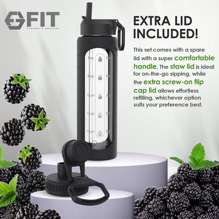 FIT Strong & Healthy 32 oz Glass Water Bottle with Straw Lid, Time Marker, Sleeve & Extra Lid - Motivational, Wide Mouth 1 Liter Glass Drinking Bottle