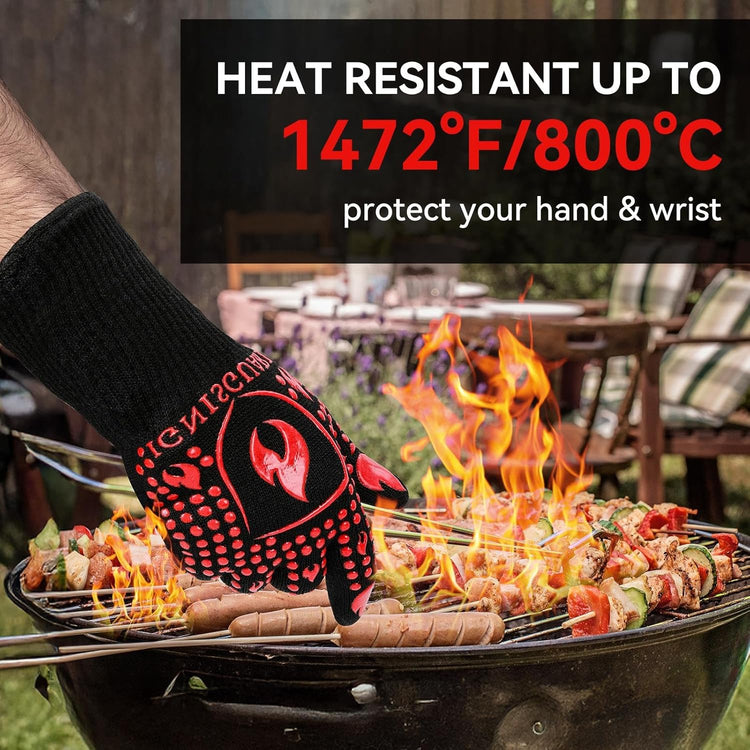 BBQ & Grill Gloves, Oven Gloves, 1472°F Silicone Oven Mitts Heat Resistant Grilling Gloves Fireproof Non-Slip for Barbecue Cooking Baking Smoking, 1-Pair Red(M)