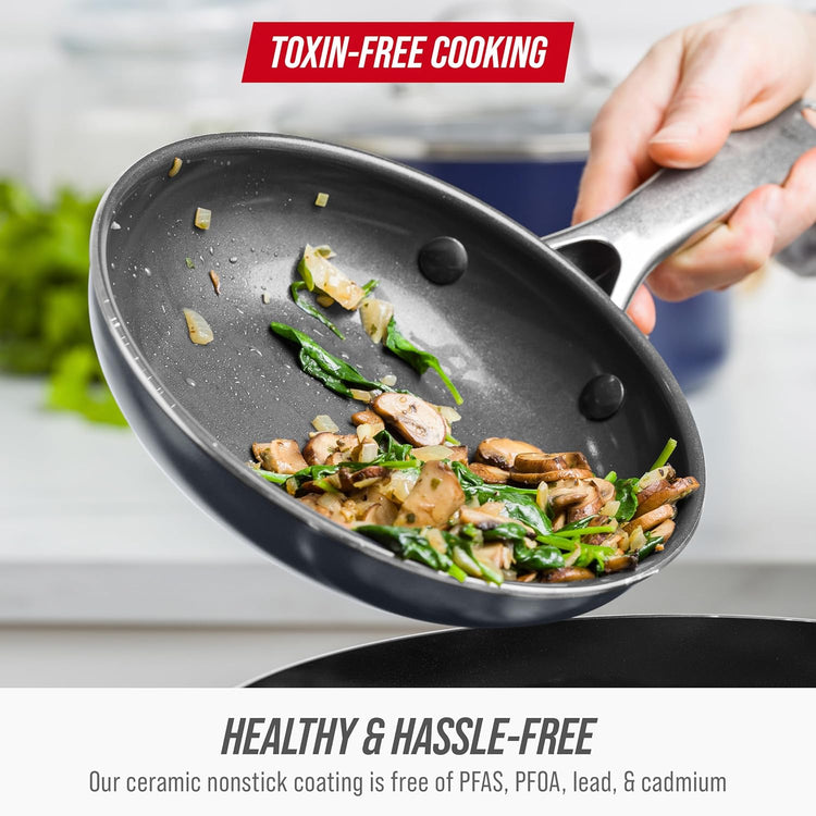 Blue Diamond 8" Nonstick Frying Pan Skillet, Diamond Infused PFAS & PTFE-Free Ceramic Pot, Dishwasher & Oven Safe, Stay Cool Handle, Durable Non Toxic Metal Utensil Safe, Egg & Omelet Pan, Gray