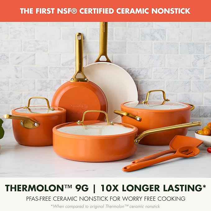GreenPan Nonstick Reserve Pro 10 Piece Cookware Set, NSF Certified Ceramic, Hard Anodized PFAS-Free Pots & Pans Set with Lids, Stainless Steel Handles, Oven & Dishwasher Safe, Harvest Orange