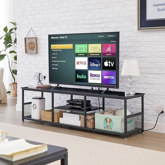 VECELO TV Stand with Power Outlets for Televisions up to 75Inch, 62" Media Entertainment Center with Charging Station 3-Tier Open Storage Shelves with Metal Frame for Living Room/Bedroom,Black