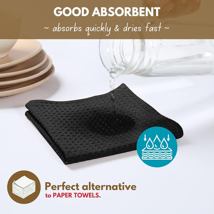 Native Fab Cotton Kitchen Towel with Hanging Loop 16x26 inches, 4-Pack, Waffle Weave Kitchen Towels for Cleaning Drying, Washcloths Soft & Absorbent Cloth Rags, Bar Towel, Dish Cloth, Black - Nestoria
