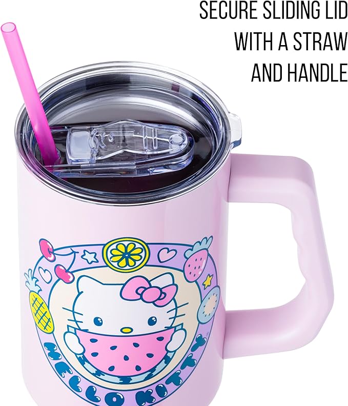 Silver Buffalo Sanrio Hello Kitty Summer Kawaii Fruits Double Walled Stainless Steel Tumbler with Handle, Fits in Standard Cup Holder, 40 Ounces