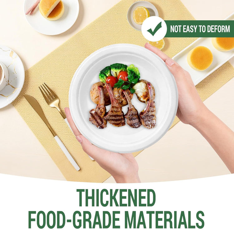 50 Compostable Paper Plates, Includes 25-9" & 25-7" Heavy Duty Disposable Plates, Biodegradable Sugarcane Bagasse, White