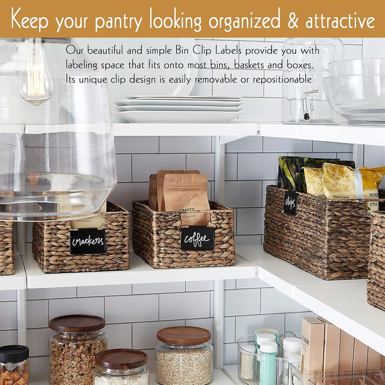 8 Pack Metal Pantry Baskets Labels Clip On for Storage Bins with 2 White Chalk Markers, Organization and Storage Baskets Labels Clips, Kitchen Bins Tag Chalkboard Labels for Baskets