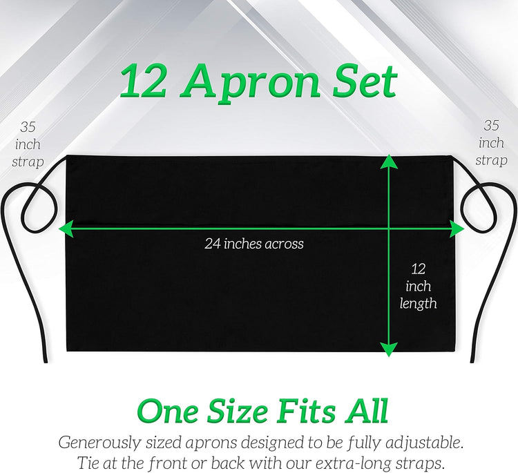GREEN LIFESTYLE Server Aprons with 3 Pockets - Waist Apron, Waitress Apron for Women and Man, Water Resistant with Long Waist Strap Reinforced Seams, Half Apron (12 Pack - Black)
