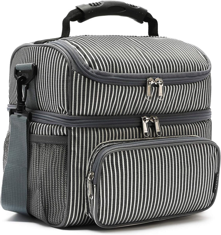 FlowFly Double Layer Cooler Insulated Lunch Bag Adult Lunch Box Large Tote Bag for Men, Women, With Adjustable Strap,Front Pocket and Dual Large Mesh Side Pockets