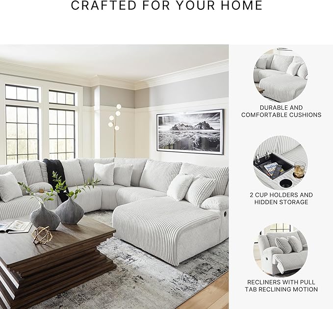 Signature Design by Ashley Top Tier Modern Left-Arm Facing 6-Piece Reclining Sectional with Chaise, Armrest, Throw Pillows and Storage, Light Gray