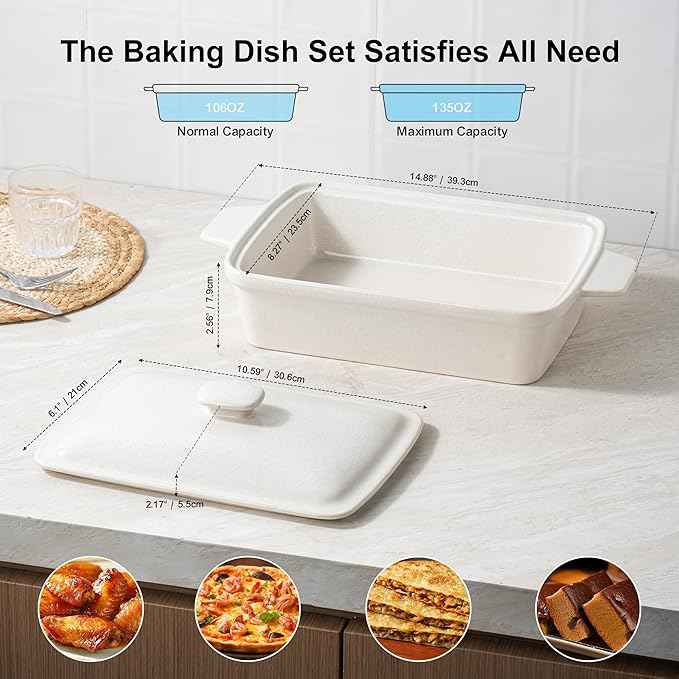Casserole dish with Lid, 3.5 Quart Porcelain Baking Dish With Lid, Deep 13 x 9 Casserole Dishes for Oven with Lid, Rectangular Bakeware With Handle, Microwave, Oven Safe