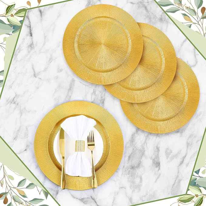 Tanlade 50 Pcs Gold Charger Plates Bulk, 13" Round Plastic Dinner Charger Plate, Shiny Golden Table Chargers Serving Plates Catering Tabletop for Thanksgiving Halloween Christmas Wedding Party Decor
