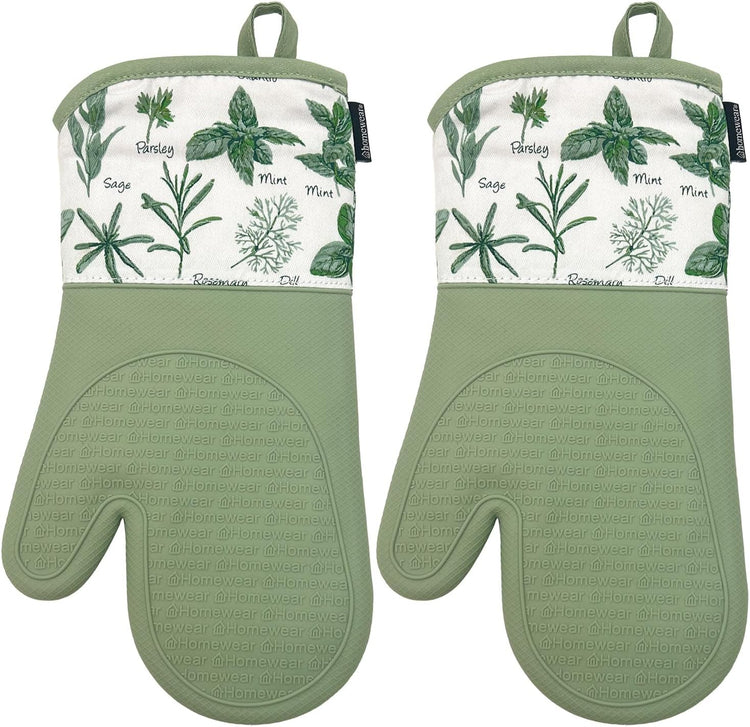 Delaney Silicone Oven Mitts Set - Extra Long, Heat Resistant Kitchen Gloves, Non-Slip Holders for BBQ, Baking, Cooking Essentials, Sage & Herbs, Kitchen Decor, Oven Gloves, New Home Gifts