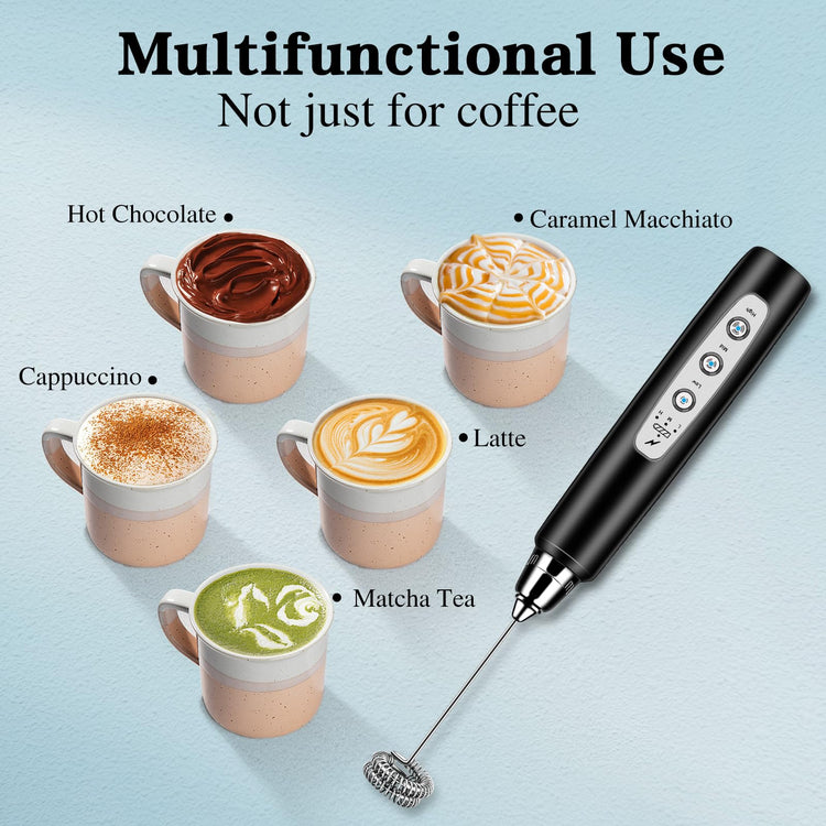 Milk Frother Wand Rechargeable Handheld Whisk Coffee 3 Speed Adjustable