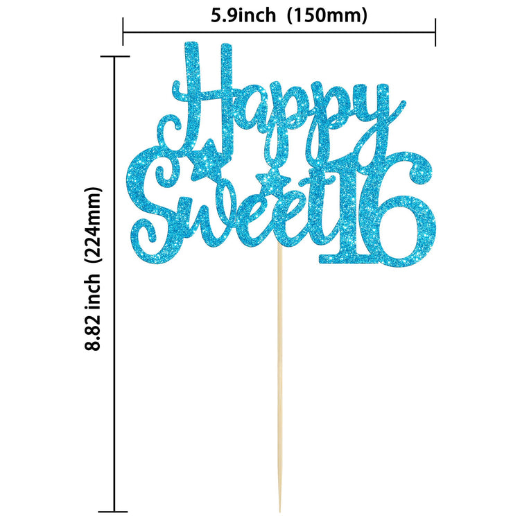 1Pc Happy Sweet 16 Cake Topper Glitter 16th Birthday Cake Pick for Cheers to 16 Years Old 16th Birthday Party Cake Decorations Supplies Light Blue