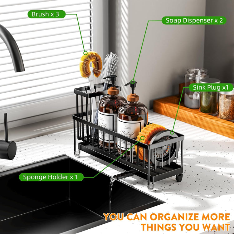 Cisily Extra Large Black Sponge Holder for Kitchen Sink, Sink Caddy Organizer with High Brush Holder, Kitchen Countertop Organizers and Storage Essentials, Rustproof 304 Stainless Steel