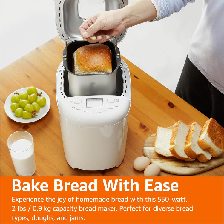 Amazon Basics Programmable Bread Maker, 2 Pound Non-Stick Automatic Bread Making Machine, 14 Settings for Breads, Doughs, Gluten-Free Options and More, LCD Display, White