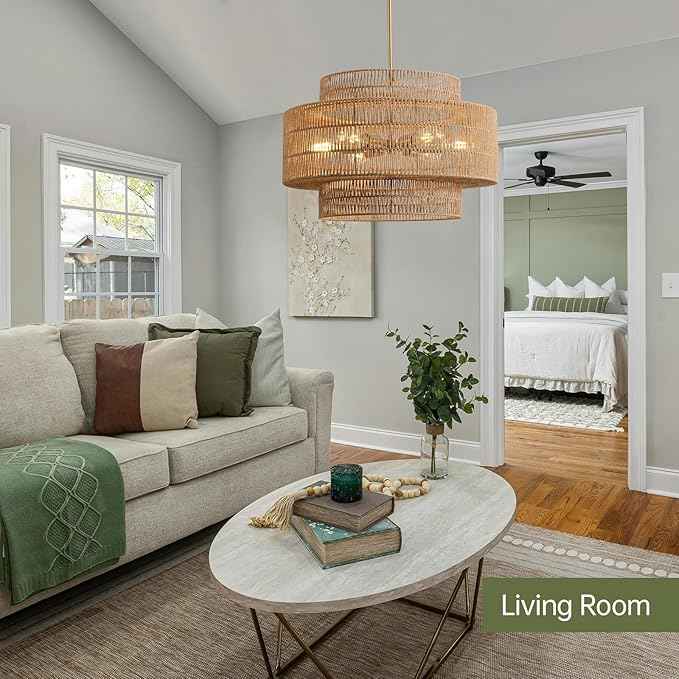 24” Boho Large Rattan Chandelier Light Fixture,6-Light Large Hand Woven Pendant Light Fixture Farmhouse Rustic Chandeliers for Kitchen Bedroom, Dining Room, Living Room, Hallway, Foyer