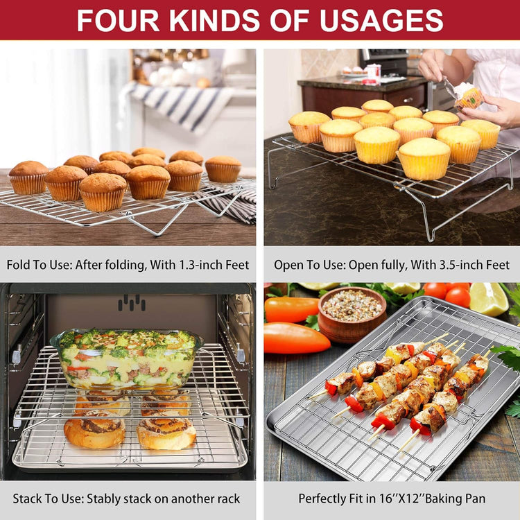 P&P CHEF 3-Tier Cooling Rack Set, Stackable Stainless Steel Baking Cooling Roasting Cooking Racks for Cake, Pastry, Bread, Meat, Bacon, Collapsible & Thick Wire, Oven Safe, 15" x10", Silver