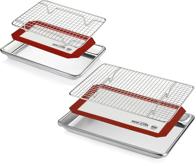 New Star Foodservice 1028768 Commercial-Grade Bun Pan/Baking Sheet, Baking Mat, Cooling Rack Combo, 1/8 and 1/4 Sizes Each