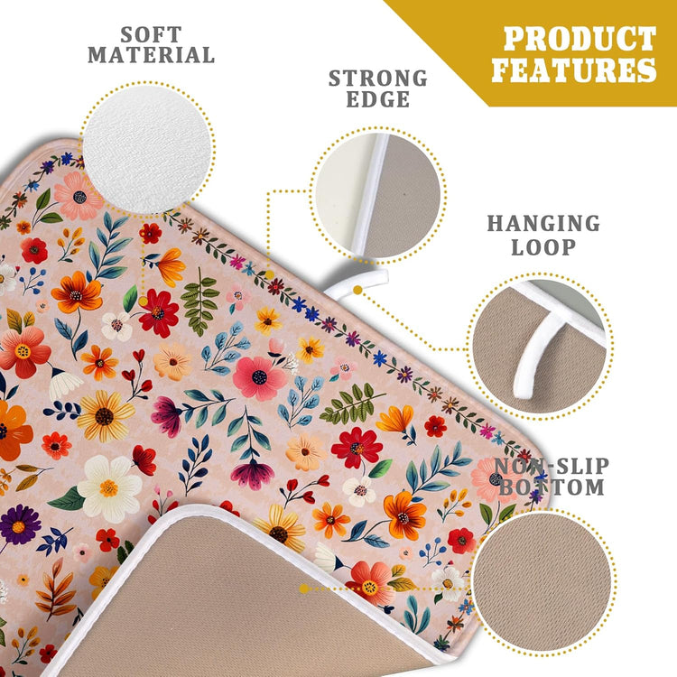 Boho Floral Dish Drying Mat - Pink Wildflower Absorbent Microfiber Kitchen Counter Pad for Home Coffee Bar Decor