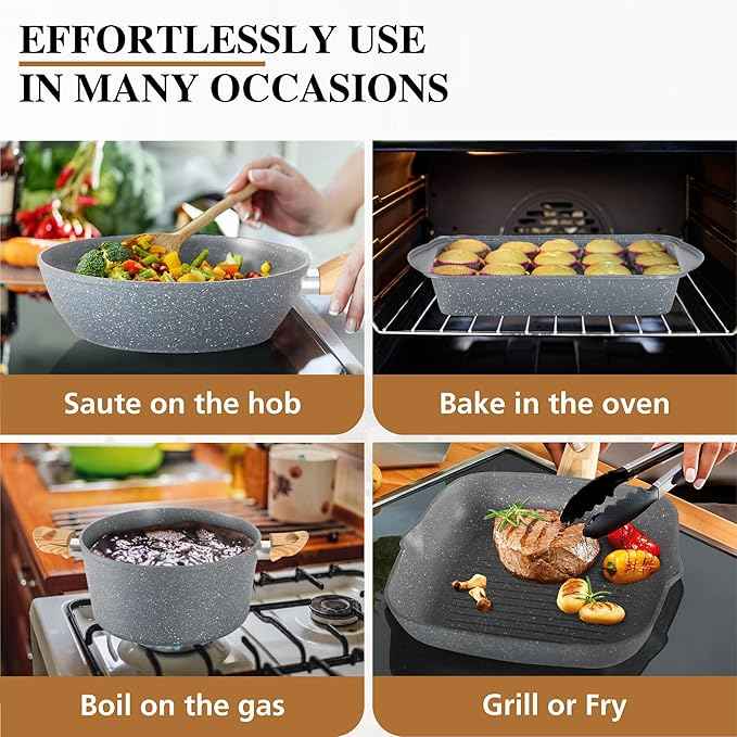 DishDelight 17 Piece Pots and Pans Set Non Stick, Granite Nonstick Cookware Set, Induction Cookware and Bakeware Set, Nonstick Kitchen Cookware Set, Gray
