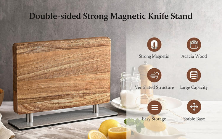 Strong Double Sided Magnetic Knife Block Without Knives, with Acacia Wood+430 Stainless Steel Base,Magnetic Universal Stands with Strong Enhanced Magnets Strip Kitchen Storage Cutlery Large Organizer