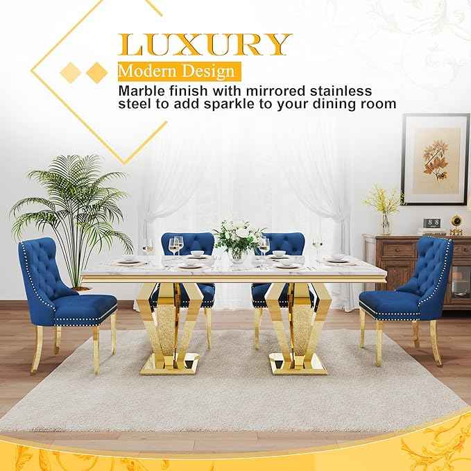 7 Piece Luxury Dining Room Set, Modern Dining Table and Upholstered Chairs Set, Marble Kitchen Table Set for 6, Big Kitchen Dinner Tables Kit with Silver Base