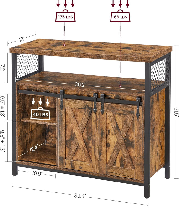 VASAGLE Buffet Cabinet, Coffee Bar Storage Cabinet, Sideboard with 2 Sliding Barn Doors, Adjustable Shelves, 13 x 39.4 x 31.5 Inches, for Living Room, Rustic Brown and Ink Black ULSC092B01