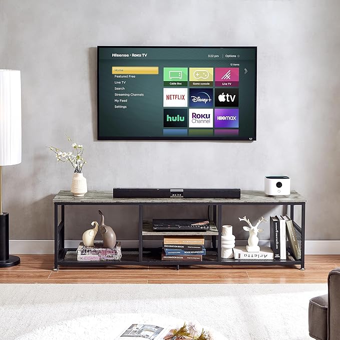 VECELO TV Stand with Power Outlets for Televisions up to 75Inch, 62" Media Entertainment Center with Charging Station 3-Tier Open Storage Shelves with Metal Frame for Living Room/Bedroom,Grey