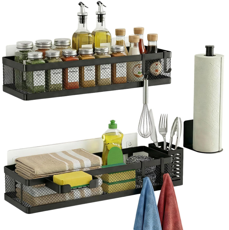5-in-1 16.5" Extra Long Slim Wall Mount Wrapped Mesh Kitchen Organizer & Shower Caddy Kit, with Paper Towel Holder, Utensil Holder, Soap Dish, Holds 50LBS - Matte Black, Netting