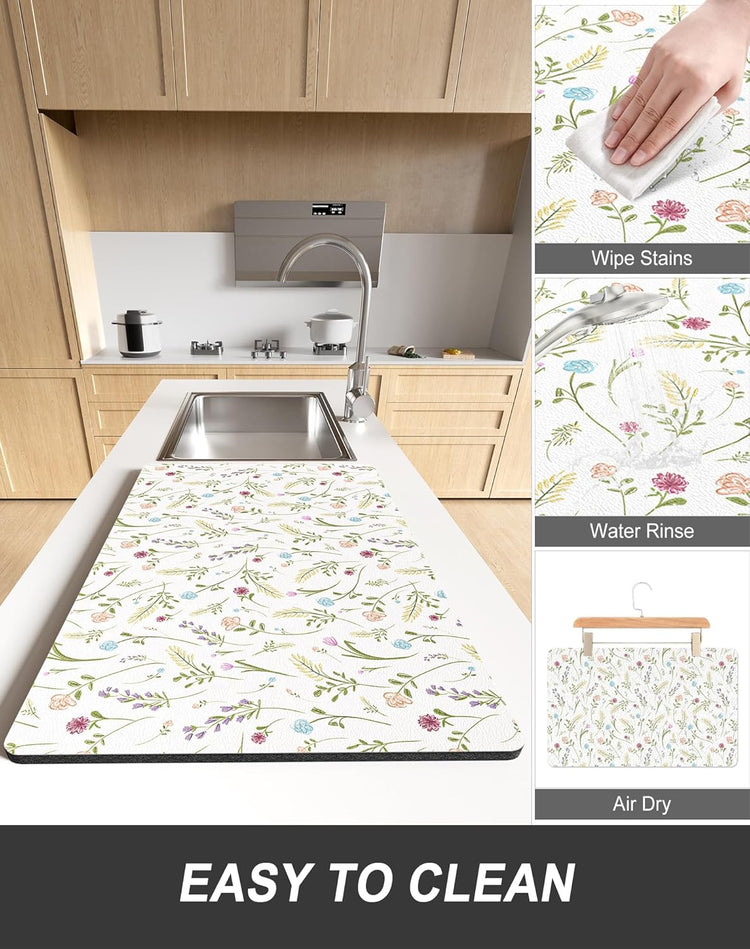 Rnivvi Dish Drying Mat for Kitchen Counter, XL 15 x 24" Cute Flower Theme Absorbent Draining Pad, Non-Slip Heat Resistant Coffee Bar Mat for Coffee Machine Station Accessories, White Dish Rack Pad