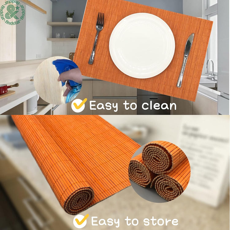 ANDSTAR Non-Slip Waterproof Placemats Set of 6 - Reusable Wipeable Table Mats for Dining Table, Kitchen, Outdoor Picnic, 12x18 Inch PVC Backed Heat Resistant Place Mats Dishwasher Safe(Orange)