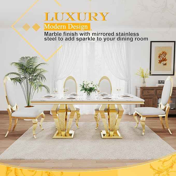 AF ARTISAN FURNITURE 7 Piece Luxury Dining Room Set, Modern Dining Table and Upholstered Chairs Set, Marble Kitchen Table Set for 6, Big Kitchen Dinner Tables Kit with Gold Base