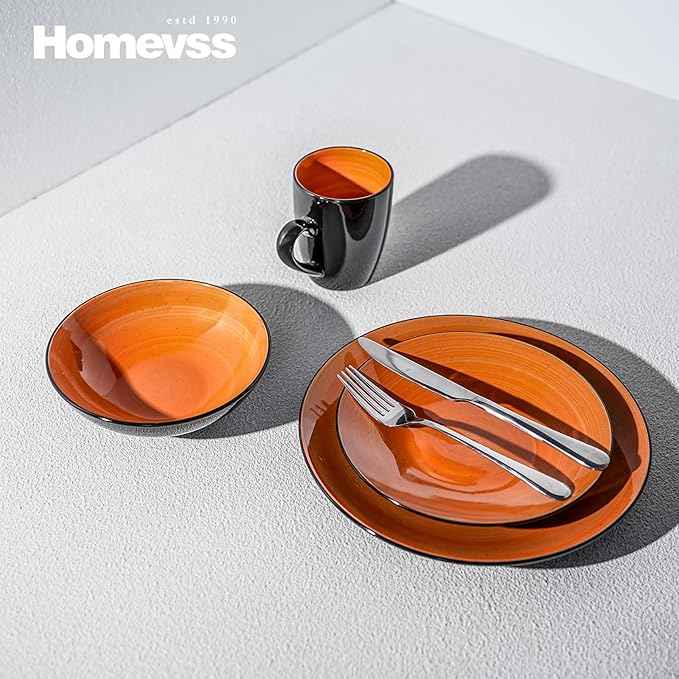 Stoneware Sonoma 16pc Dinnerware Set, Black + Speckled Spin Wash Orange
