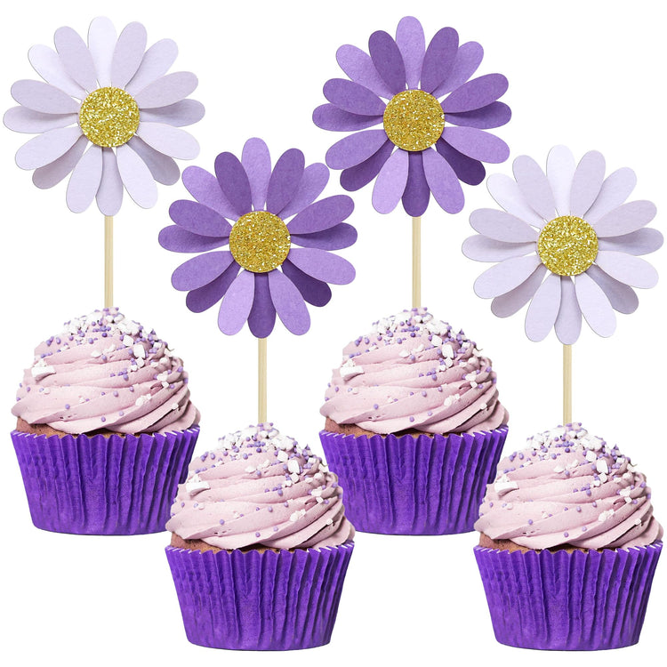 24Pcs Purple Daisy Cupcake Toppers Flower Cake Toppers Daisy Cake Decorations Chrysanthemum Cupcake Toppers Spring Daisy Flower Cake Picks for Birthday Wedding Supplies (24 Count)
