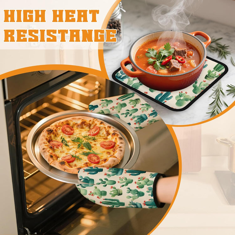 Cactus Succulent Flower Oven Mitts and Pot Holders Set,Kitchen Decor Heat Resistant Non Slip Hot Pads and Oven Mitt for Chef Cooking Baking BBQ Mom Girl Gifts(4 Piece Set)