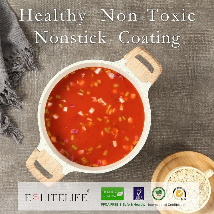 ESLITE LIFE Nonstick Stock Pot with Lid, 5 Quart Granite Casserole Large Soup Pot Pasta Cooking Pot, Induction Compatible, PTFE & PFOA Free, White