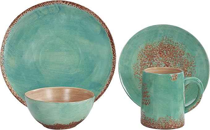 Paseo Road Patina Turquoise 16 Piece Ceramic Southwestern Rustic Cabin Dinnerware Set with Plates, Bowls and Mugs
