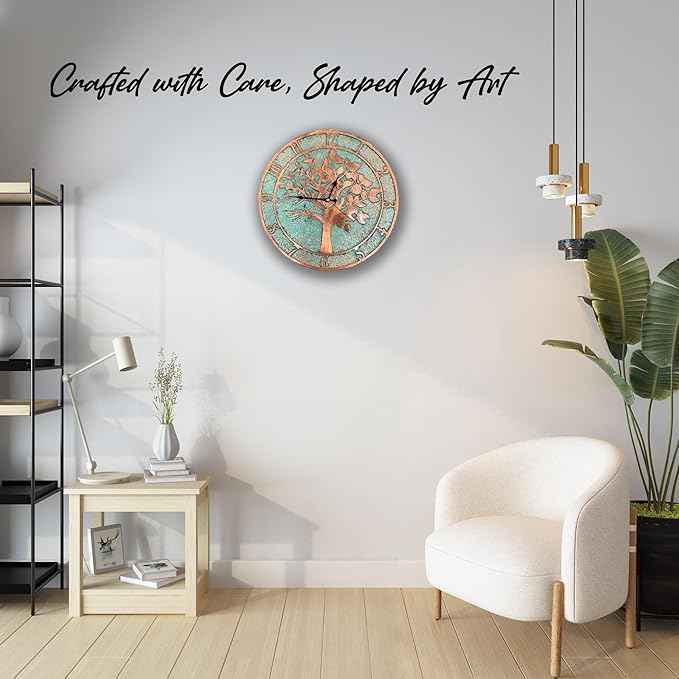 Handmade Copper Wall Clock Artisan Touch in Every Piece - Eternal Tree Wall Decor Copper Clock for Living Room, Office, Kitchen & Bedroom (17.7 Inch)