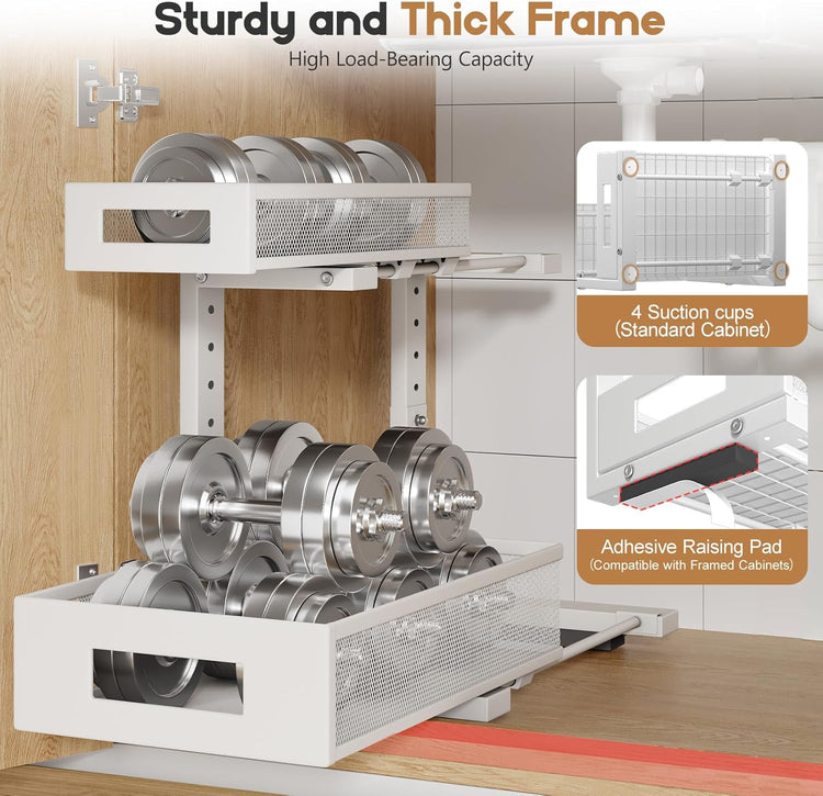 2-Pack Under Sink Storage Organizer, Large 2-Tier Elegant Mesh Pull Out Shelf for Kitchen and Bathroom Cabinet Organization, L-Shaped and Adjustable Height Design for Maximum Space Efficiency-White