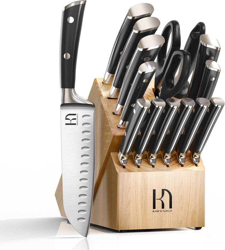Knife Set with Block Premium, Japanese 15 Piece Ultra Sharp High Carbon Stainless Steel Kitchen Knives set with Sharpener, Professional Knife Block Set with Ergonomic Handle for Home Chefs