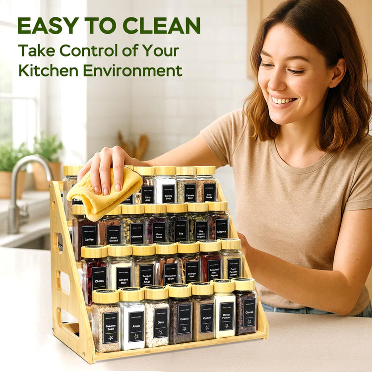 4Tier Bamboo Spice Rack Organizer with 28 Glass Spice Jars Empty 4 oz Jars
