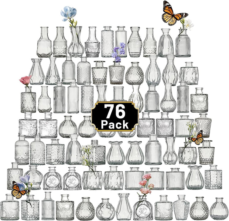 Glass Bud Vase Set of 76 Pcs Small Minimalist Vases for Flowers, Vintage Rustic Home Decor for Table Centerpiece Wedding Party, Modern Clear Aromatherapy Bottle for Living Room Bedroom