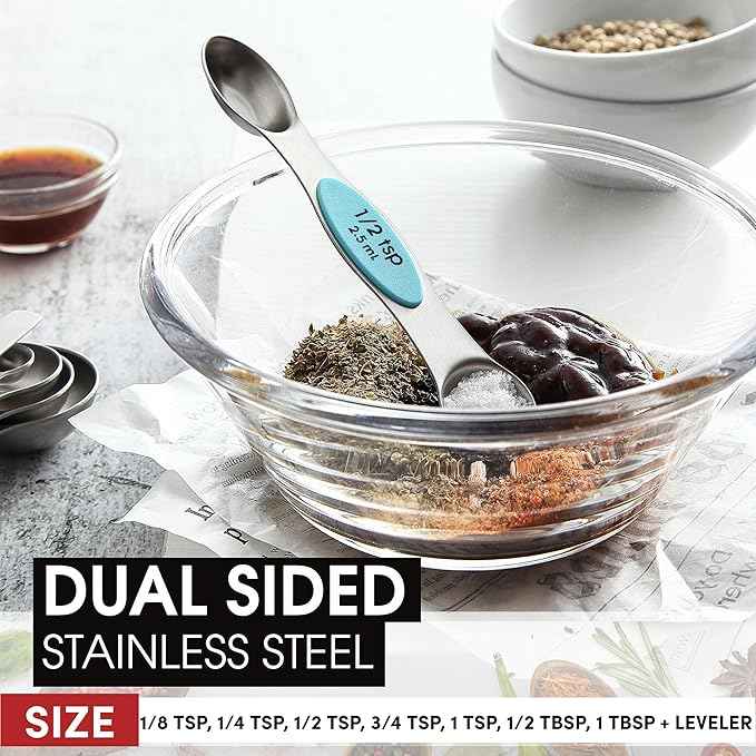 Spring Chef Stainless Steel Magnetic Measuring Spoons Set of 8 with Leveler, Nesting Metal Teaspoon & Tablespoon Measuring Spoons, Fits in Spice Jars, Kitchen Gadgets for Baking & Cooking - Aqua Sky