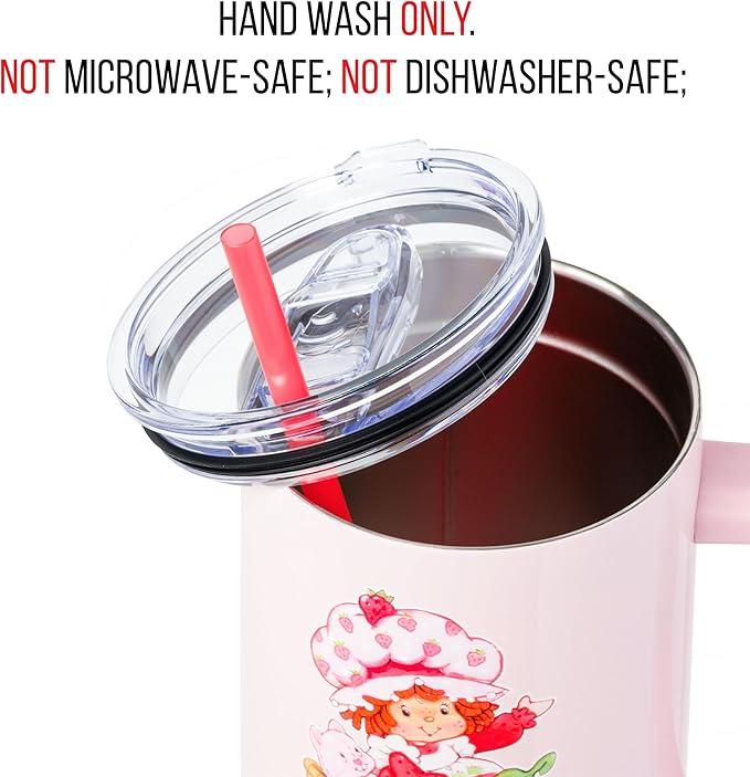 Silver Buffalo Strawberry Shortcake and Custard “Sweet” Double Walled Stainless Steel Tumbler with Handle, Fits in Standard Cup Holder, 40 Ounces