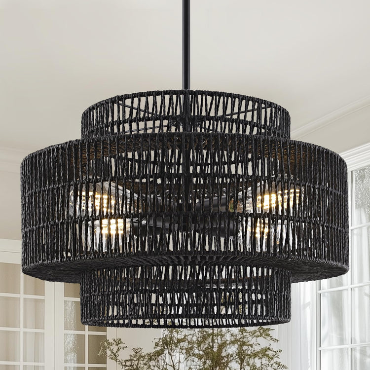 17.7" Black Rattan Chandelier for Dining Room